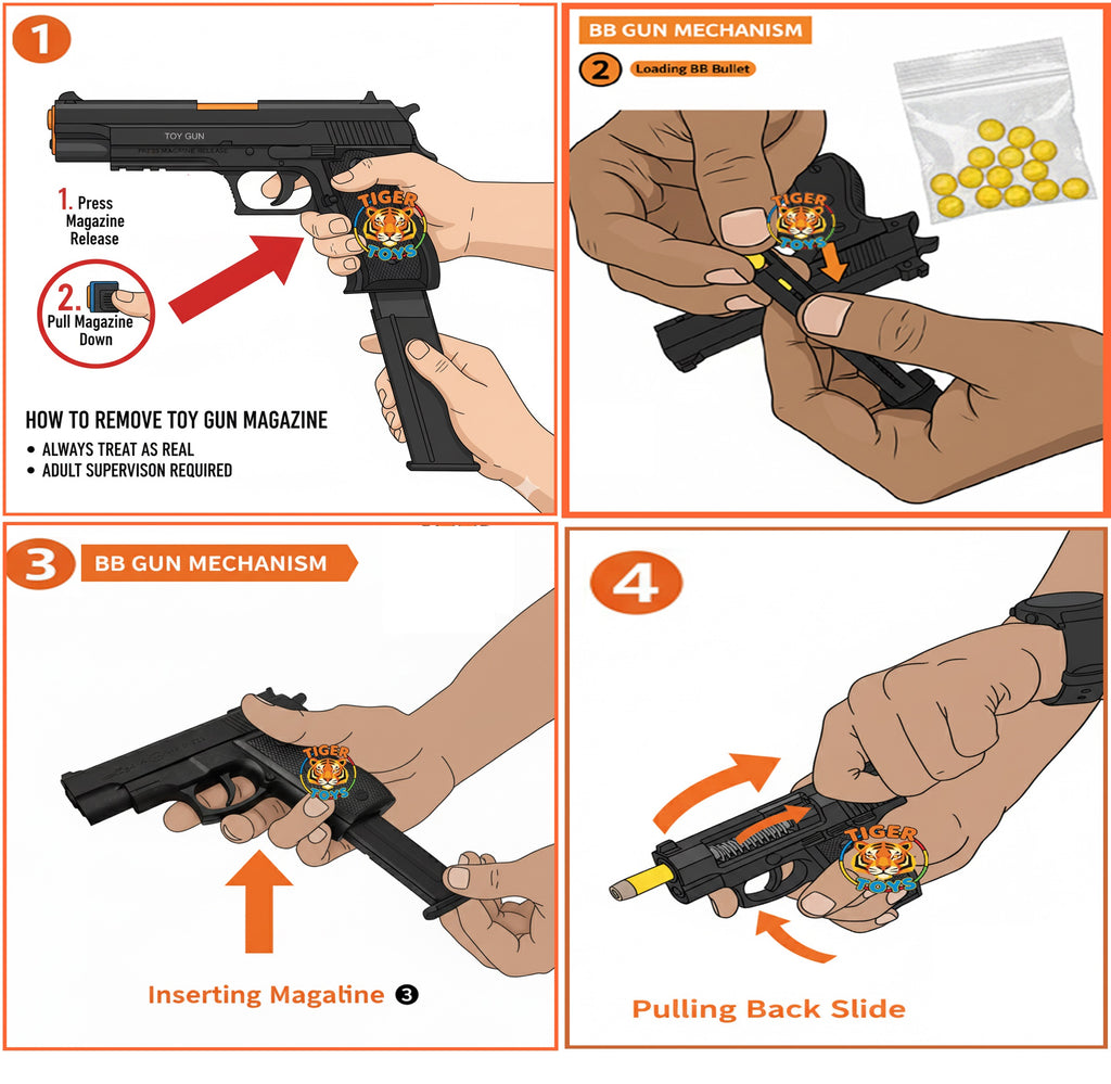Tiger Toys Kids Pretend Play Action Toy Pistol | Plastic BB Manual Spring Gun with Detachable Magazine | Role Play Toy